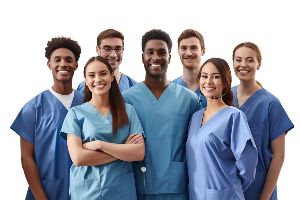 Multi Ethnic Group of young surgical team of doctors happy smile standing success